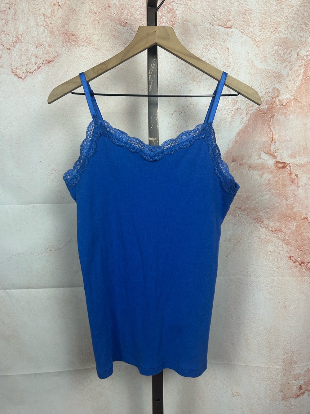 FADED GLORY cobalt blue lace trim cami tank top size large v-neck stretch Y2K